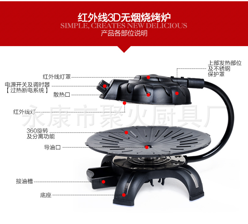 全自動無煙電烤盤 3D紅外線可旋轉燒烤機 家用商用電烤爐 無煙