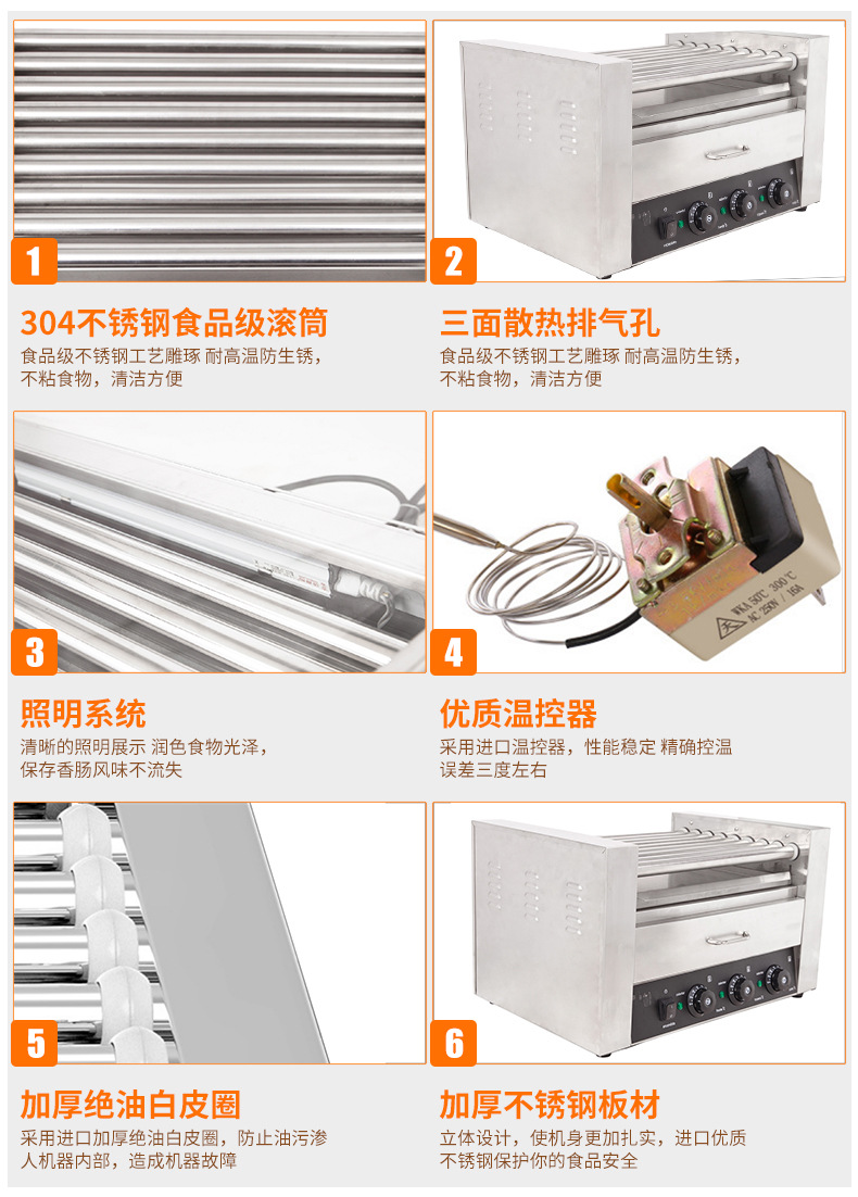 法式烤腸機熱狗機 臺灣七管烤香腸機 商用電加熱狗烤腸機