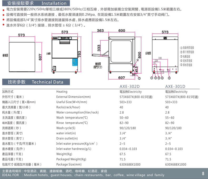 金甲商用洗碗機AXE-301/302酒吧洗杯機 臺下式小型咖啡廳洗碗機